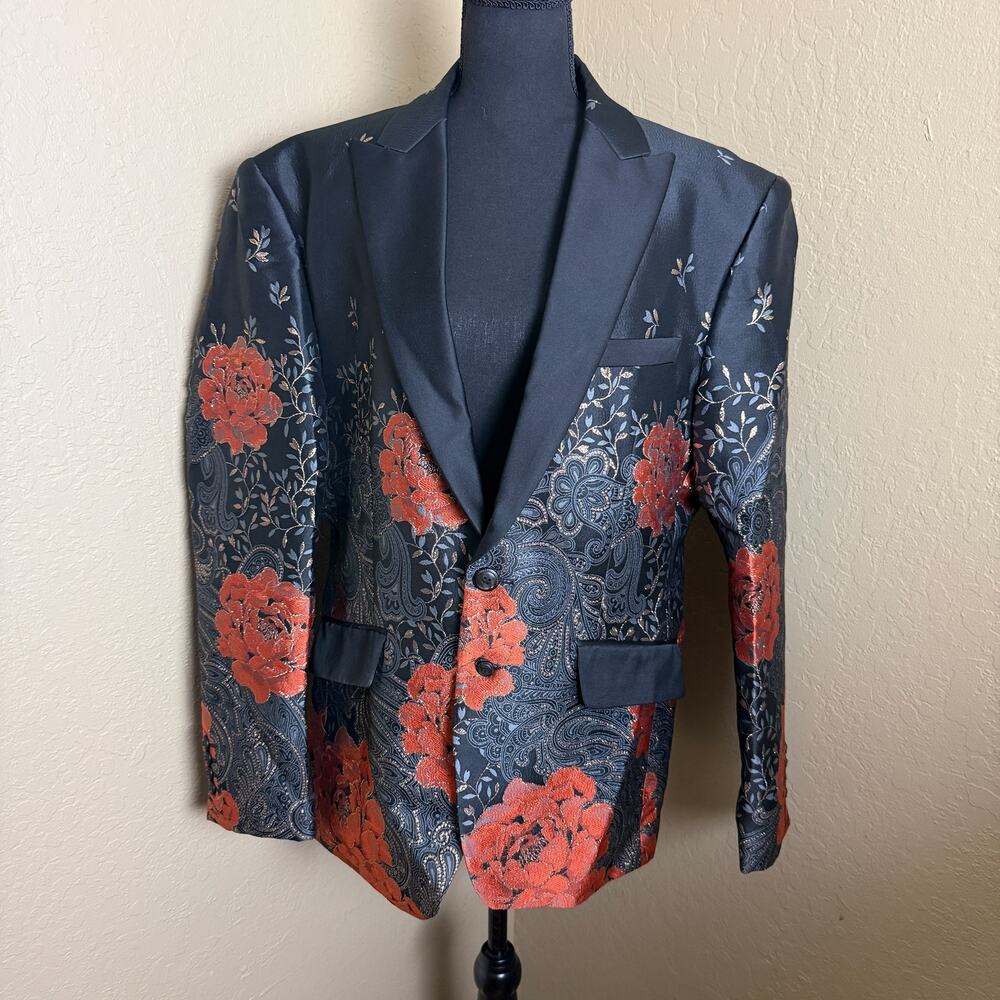 Angelino Mens Blazer 42 Black Red Floral Paisley Jacquard Tuxedo Jacket